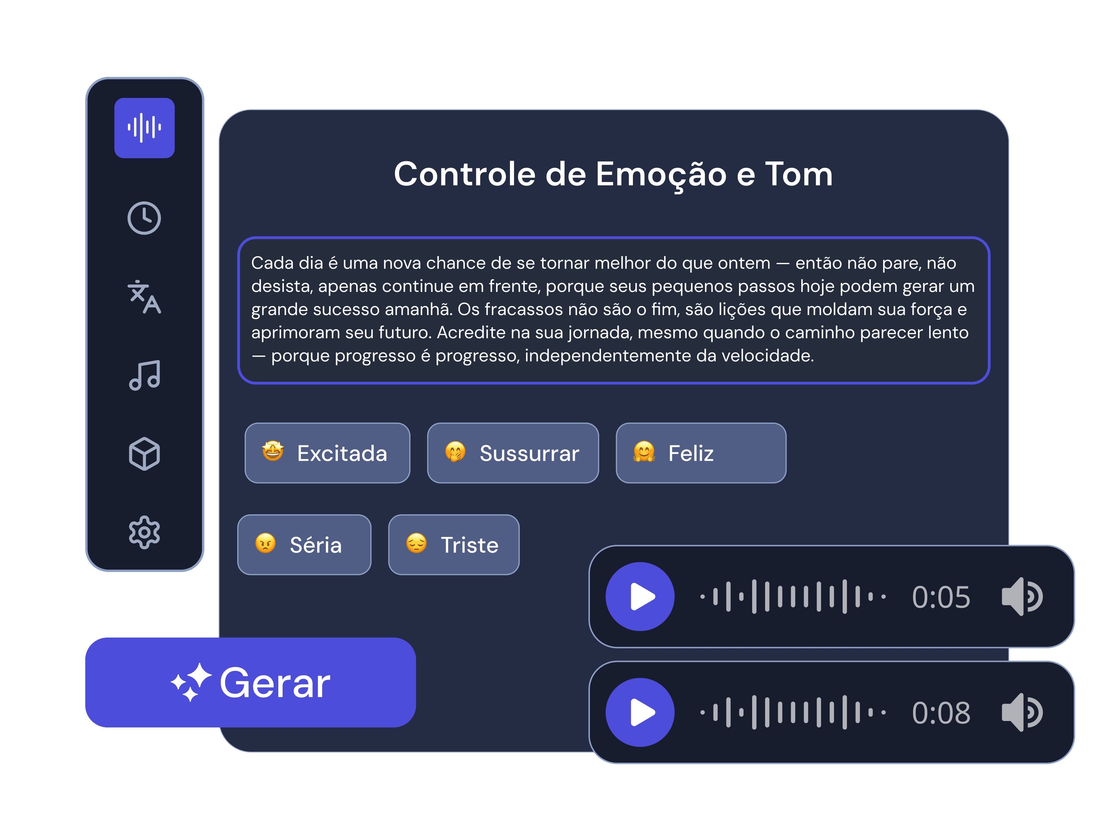 Como controlo a emoção na voz gerada por IA?